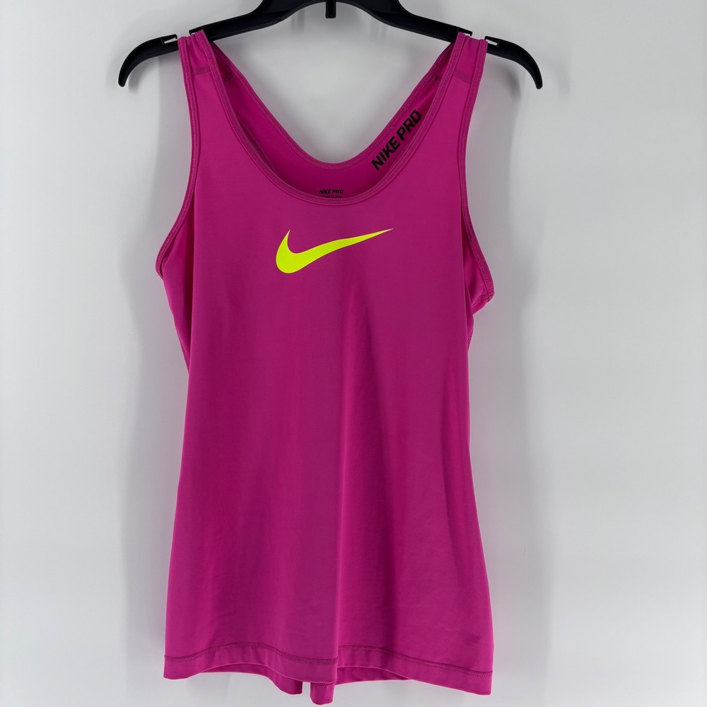 Nike Pro Tank Top Womens Medium Pink Dri-FIT Racerback Neon Swoosh Workout Gym
